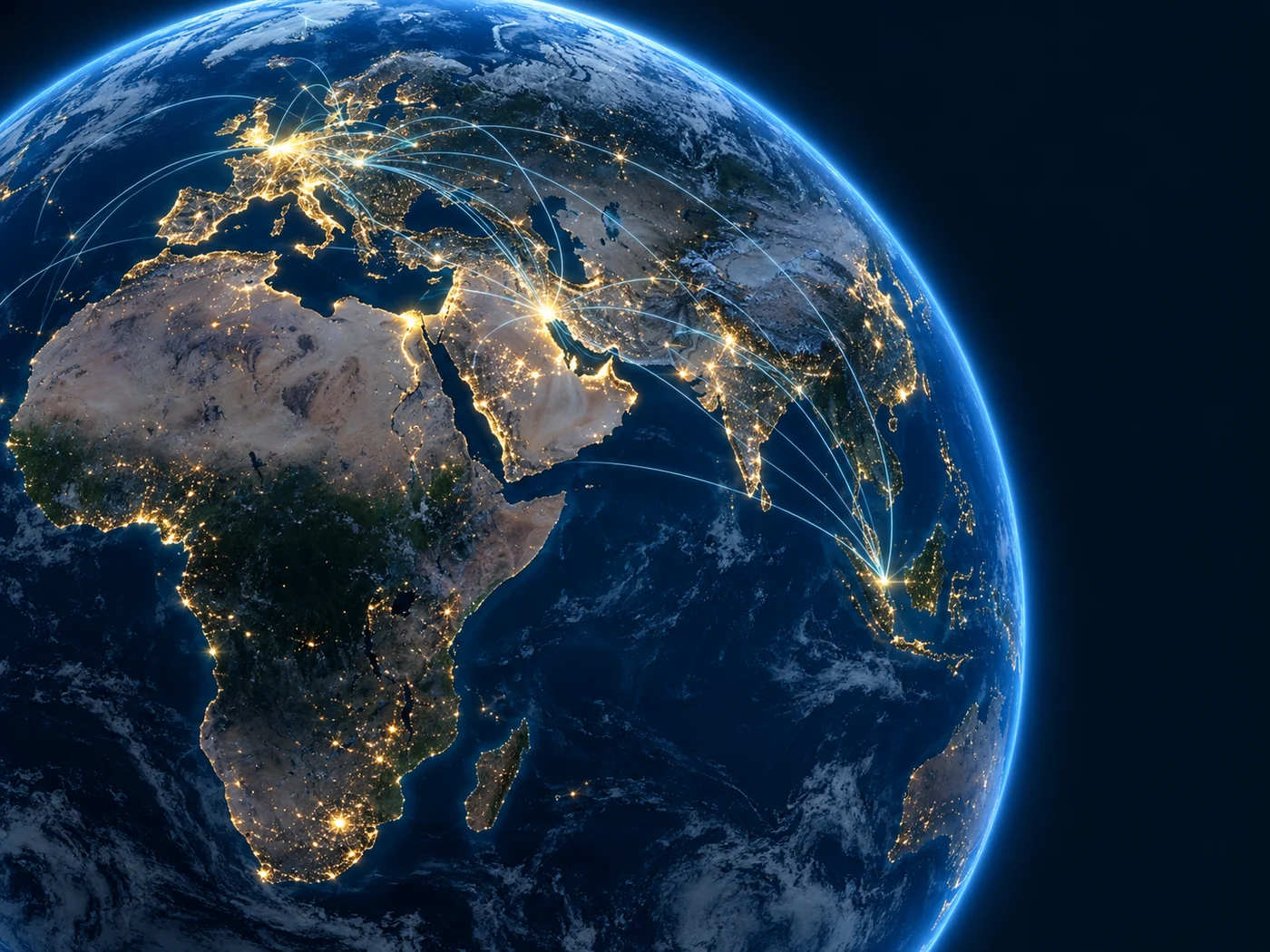 Illustrative connected globe showing Europe, the Middle East and Asia
